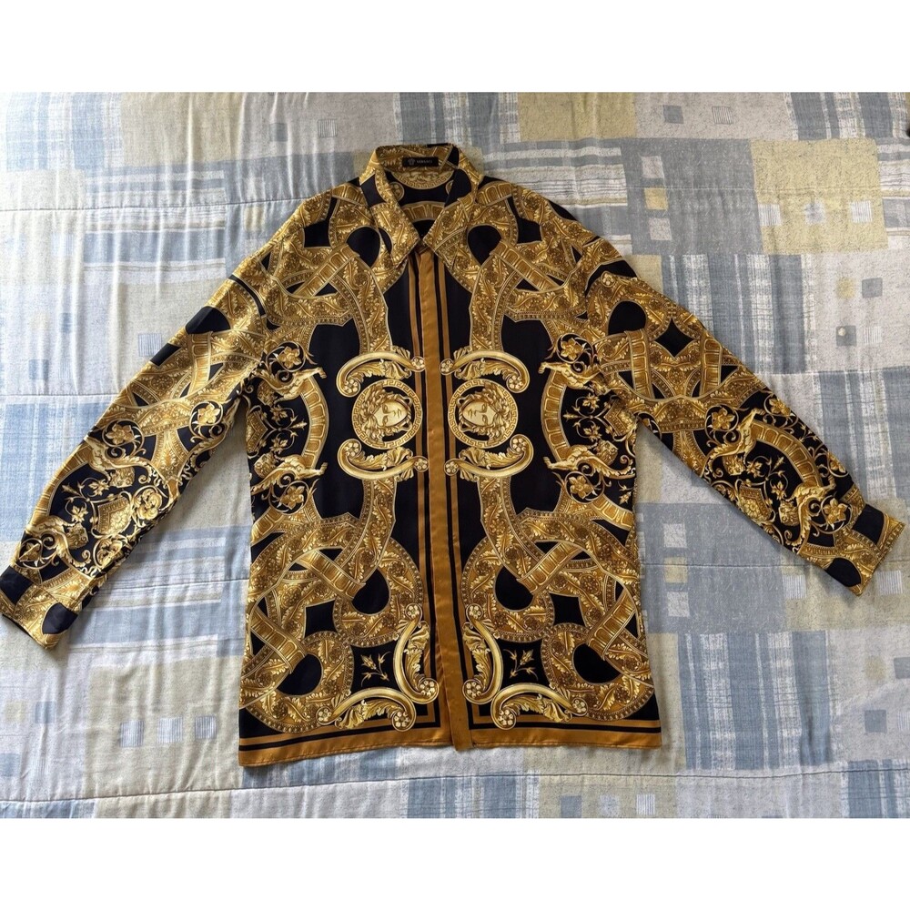Versace Tribute Silk Long Sleeve Black Gold Baroque Shirt Size XL